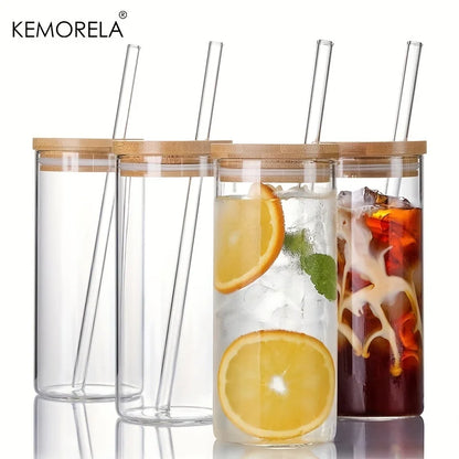 DecorBites™ 4-Piece Set Clear Glass Tumbler Cups with Bamboo Lids and Straws - 600ML