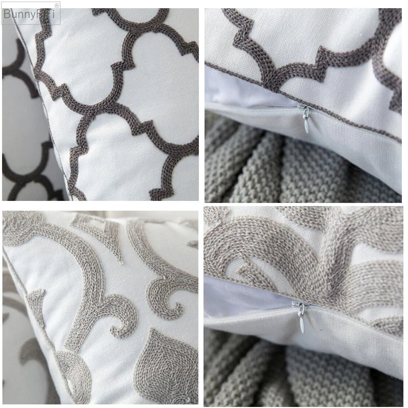DecorBites™ Geometric Embroidered Cushion Cover in Grey Canvas Cotton 45x45cm