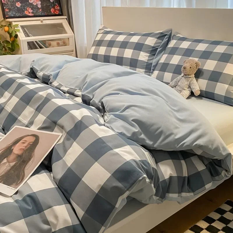 Cotton Grid Print Bed Set
