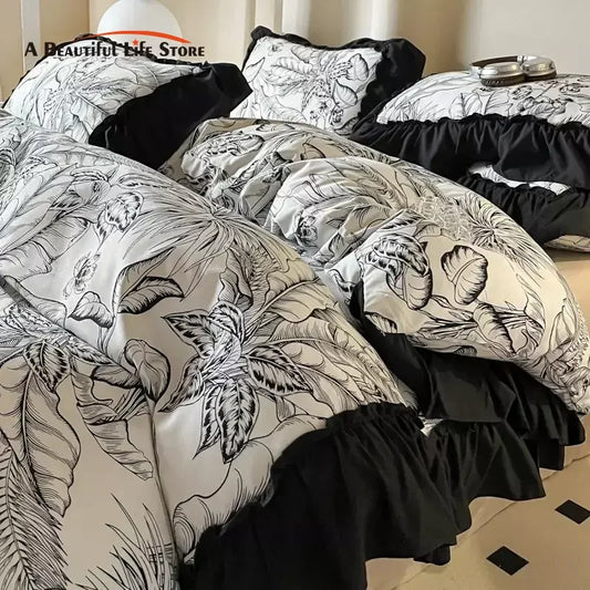 DecorBites™ French Vintage Black Ruffles Duvet Cover Set with Pillowcases, Nordic Luxury Flowers Plant Bedding Set