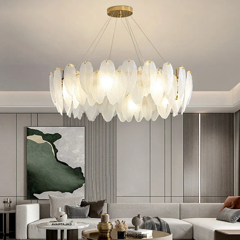 Gold Feather Chandelier Light
