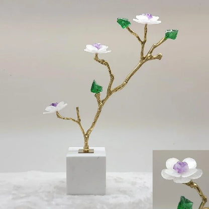 DecorBites™ Crystal Flower Tree Sculpture: Golden Branches with Marble Base