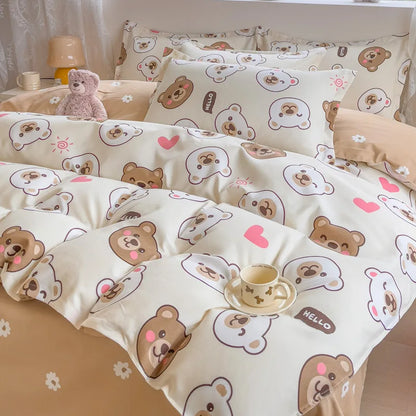 DecorBites™ Cozy Flower Print Bedding Set: Brushed Cotton, Skin-Friendly, Soft, Thick, 4Pcs