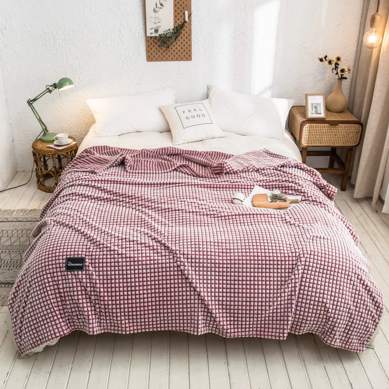 DecorBites™ Gray Plaid Coral Fleece Bed Blanket - Single/Queen/King Size Cozy Flannel Bedspread