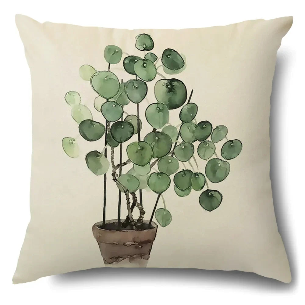 DecorBites™ Green Leaves Decorative Pillow Case - Simple Style Cotton Linen Sofa Cushion Cover