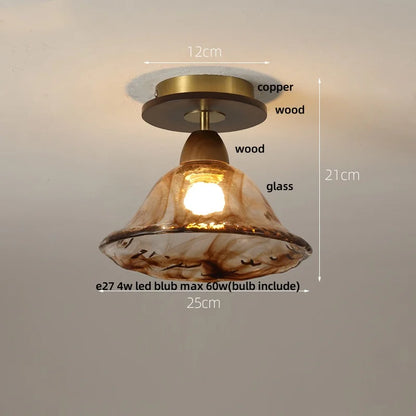 DecorBites™ Amber Glass Wood LED Ceiling Light Fixture for Modern Living Room.