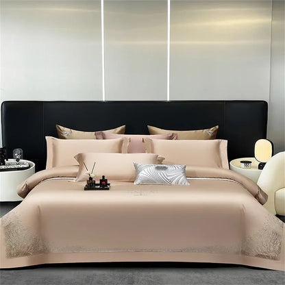 DecorBites™ Jacquard Embroidery Egyptian Cotton Satin Bedding Set with Elastic Sheet