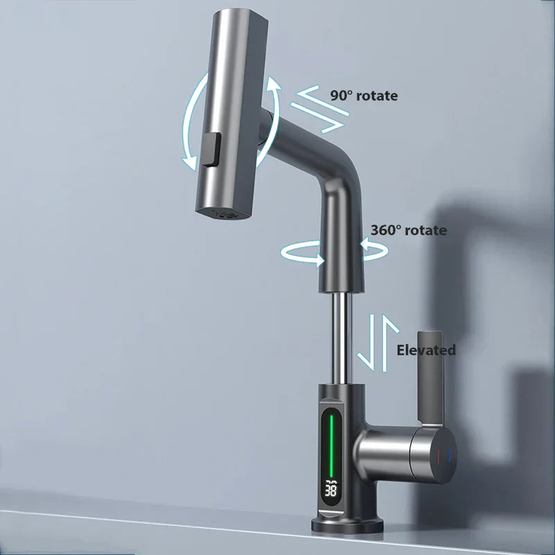 DecorBites™ Digital Display Waterfall Basin Faucet with Temperature Control and Lift Sprayer