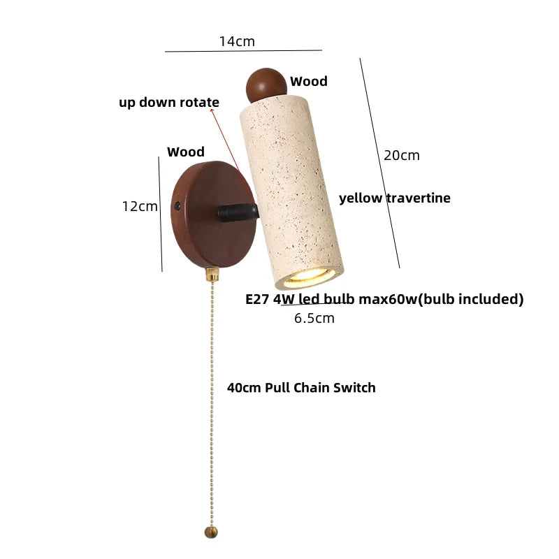 DecorBites™ LED Wall Sconce Yellow Travertine Stone Wood Nordic Modern Rotate Bedside Lamp