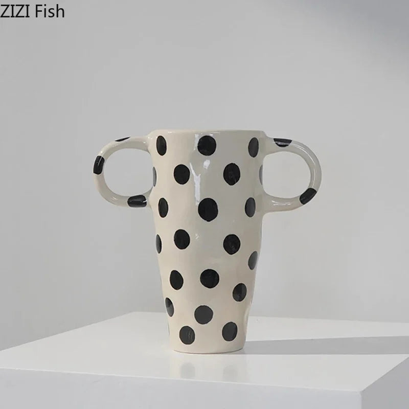 DecorBites™ Black Polka Dot Ceramic Vase for Table Flower Arrangement and Room Decor