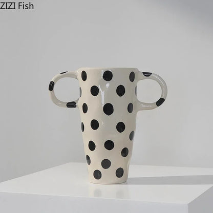 DecorBites™ Black Polka Dot Ceramic Vase for Table Flower Arrangement and Room Decor
