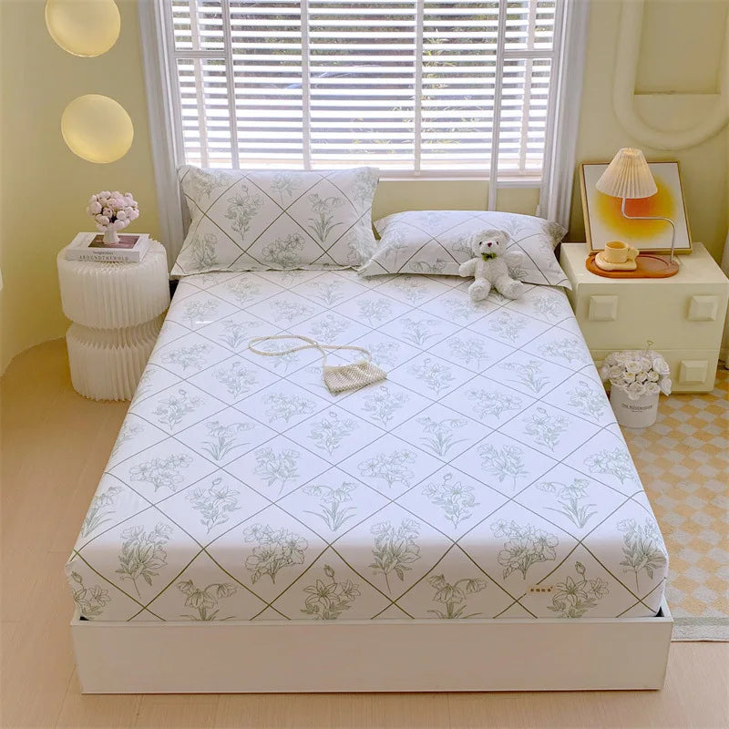DecorBites™ Cotton Striped Fitted Bed Sheet for Queen Double Mattress Cover