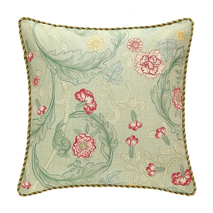 DecorBites™ French Linen Flax Lumbar Pillow Cover Flower Birds Print, Fairy Green