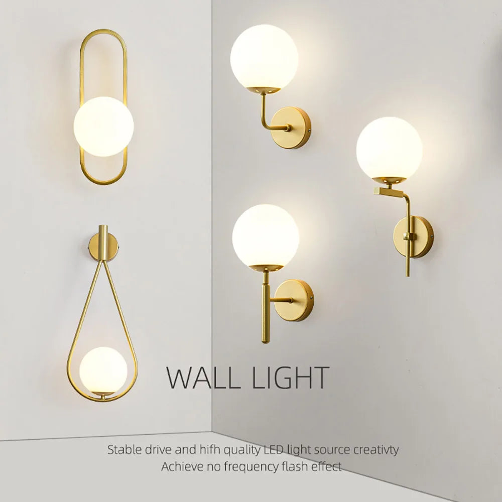 DecorBites™ Glass Shade Gold Wall Lamp Bedroom Bedside Spherical Aisle Light