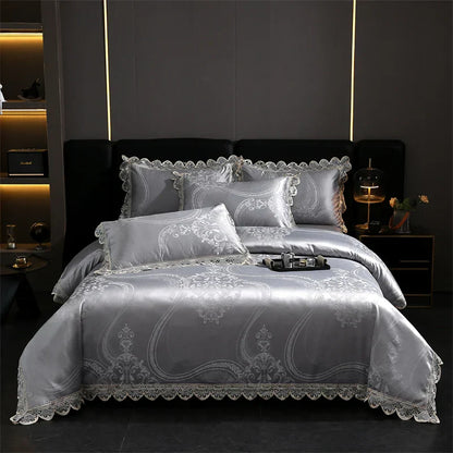 DecorBites™ Golden Jacquard Cotton Lace Bedding Set - Silky Soft Duvet Cover, Flat Sheet, Pillowcase