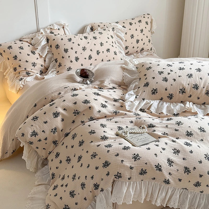 DecorBites™ French Lace Floral Ruffles Bedding Set - 100% Cotton Wrinkled Yarn 4Pcs