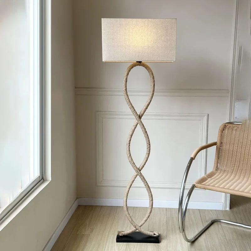 DecorBites™ Hemp Rope Fabric Shade LED Floor Lamp for Nordic Retro Wabi Sabi Style