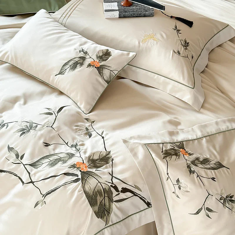 DecorBites™ Deluxe Lyocell Cotton Embroidery Bedding Set - Soft, Silky, Breathable Luxury Bed Set