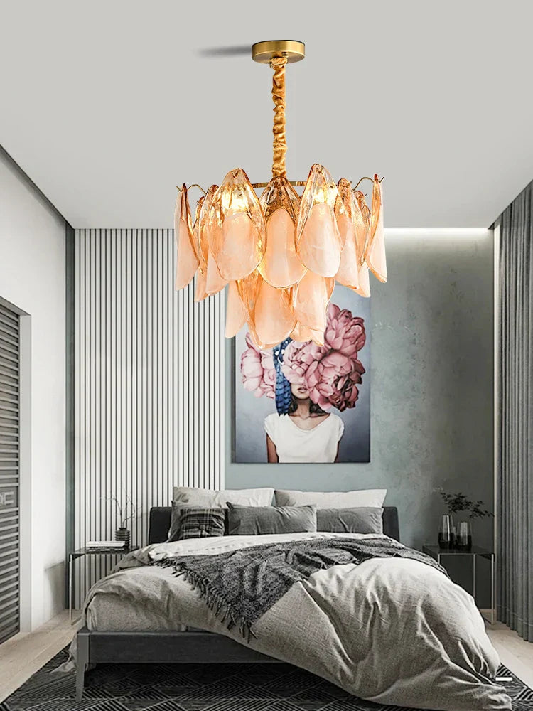 DecorBites™ Gold Chrome Dimmable Amber Glass Petal Chandelier – French Design Luxury Hanglamp