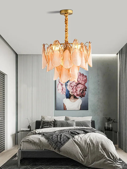 DecorBites™ Gold Chrome Dimmable Amber Glass Petal Chandelier – French Design Luxury Hanglamp