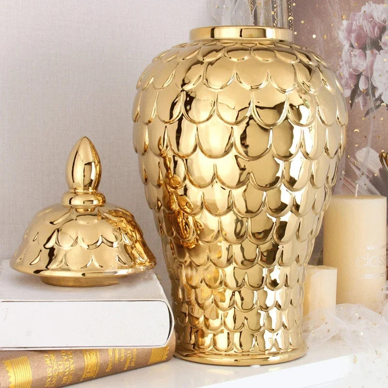 DecorBites™ Geometric Golden Porcelain Jar - Home Decor Vase & Storage Tank