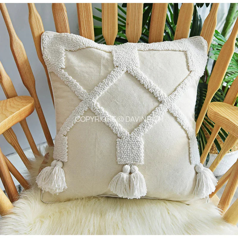 DecorBites™ Ethnic Tufted Cushion Case, Pure White Handmade Throw Pillow Cover