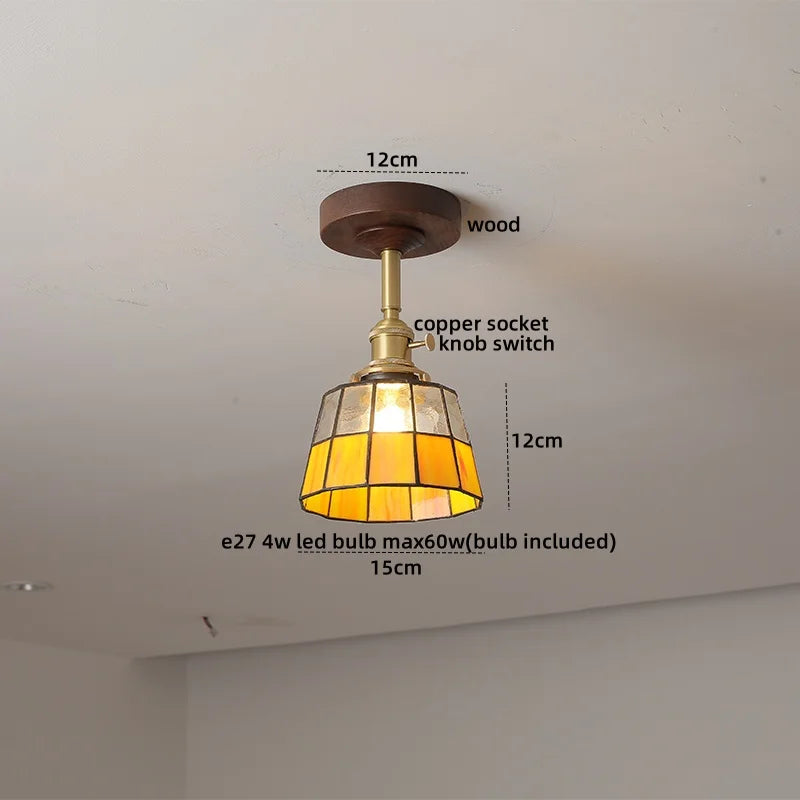 Green Glass Ceiling Lamp Copper Wood Accent