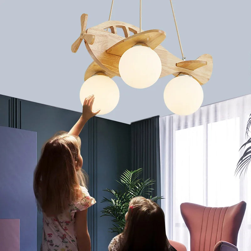 DecorBites™ LED Wooden Aircraft Kids Chandelier Boys Girls Room Decor Hanging Pendant Lights