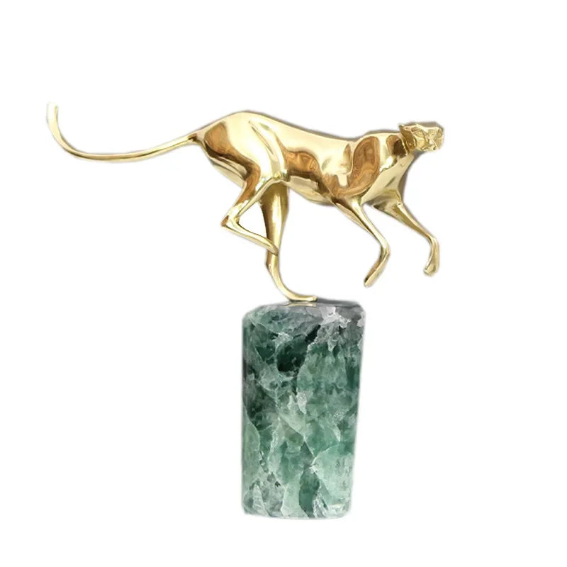 DecorBites™ Golden Leopard Brass Cheetah Green Marble Figurine Metal Decor Accessory