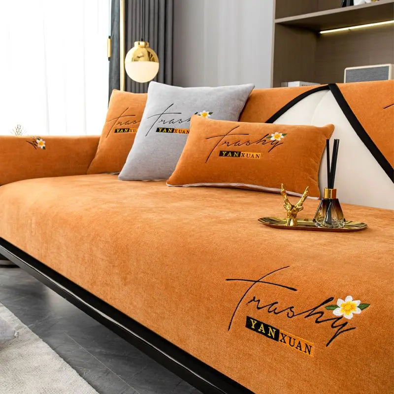 Soft Chenille Embroidery Four Season Universal Sofa Towel, L-shaped Sectional Anti-slip Sofa Cover for Living Room
