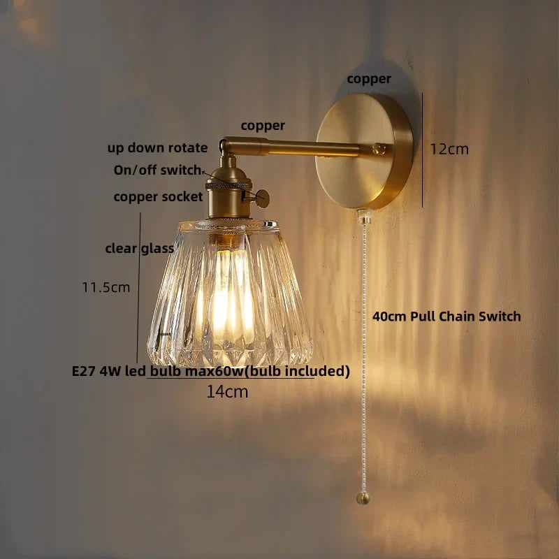 DecorBites™ Clear Glass LED Wall Sconce with Pull Chain, Rotating Copper Socket