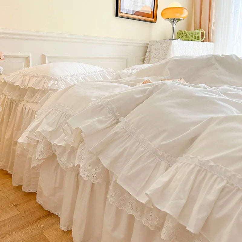 DecorBites™ Korean Princess Style Double Ruffle Bedding Set for Queen King Bed
