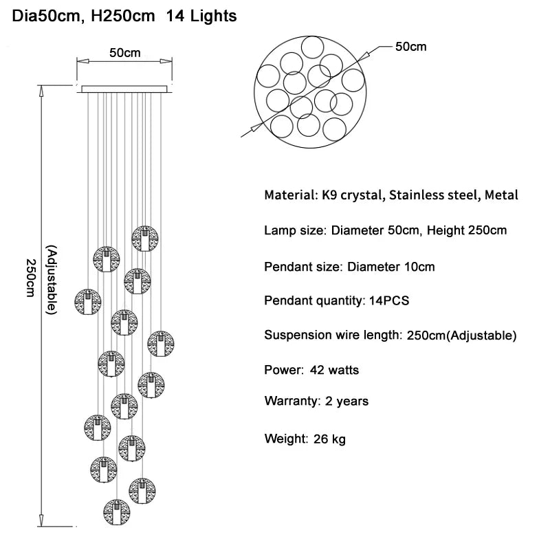 DecorBites™ Crystal Ball LED Chandelier Pendant Light for Living Room Kitchen Stair Salon