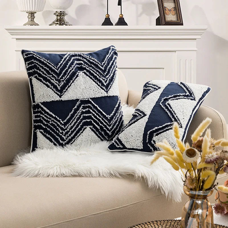 DecorBites™ Geometric Embroidered Cushion Cover with Tufted Tassels for Sofa and Bedroom