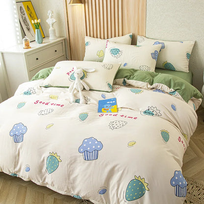 DecorBites™ Green Leaf Print Bedding Set with Flat Sheet & Pillowcase, Single Queen Size