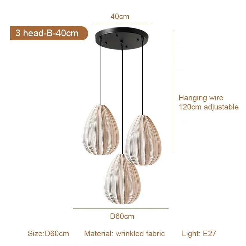 Pleated Fabric Pendant Light Wabi Sabi 3-Head