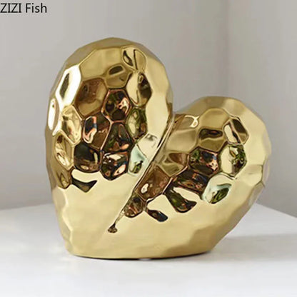 DecorBites™ Golden Heart Ceramic Statue: Minimalist Modern Home Decor Ornament