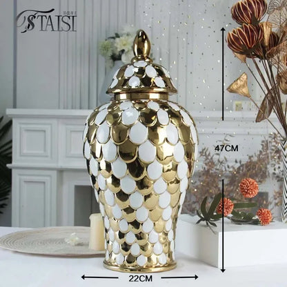 DecorBites™ Geometric Golden Porcelain Jar - Home Decor Vase & Storage Tank