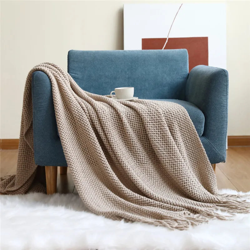 DecorBites™ Cozy Nordic Knit Sofa Blanket with Tassels & Fleece Throw