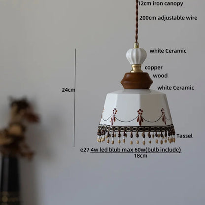 DecorBites™ Copper Wood LED Pendant Light: Ceramic Modern Tassel Hanging Lamp