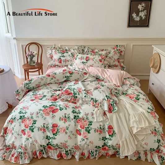 DecorBites™ French Vintage Rose Print Bedding Set with Lace Ruffles and Linen Details