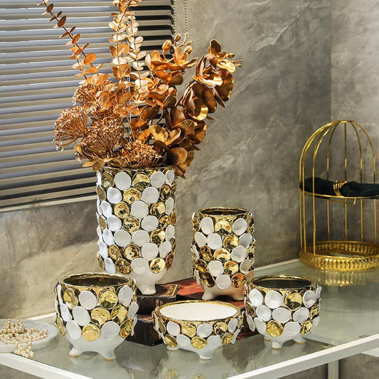 DecorBites™ Geometric Gold Leaf Relief Ceramic Vase - Elegant Hand-Appliqued Flower Pot Home Decor