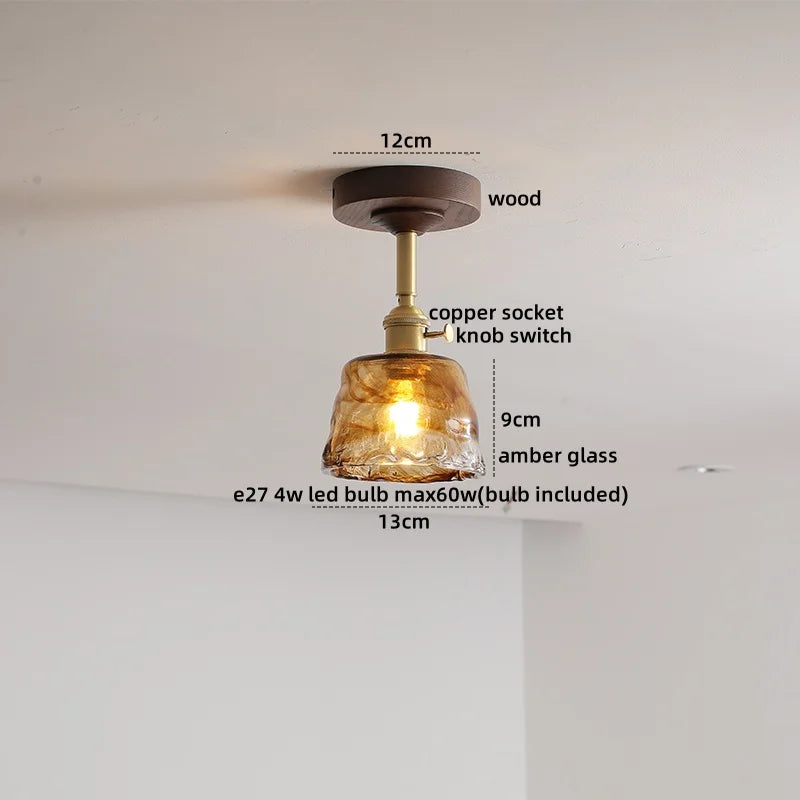 Green Glass Ceiling Lamp Copper Wood Accent