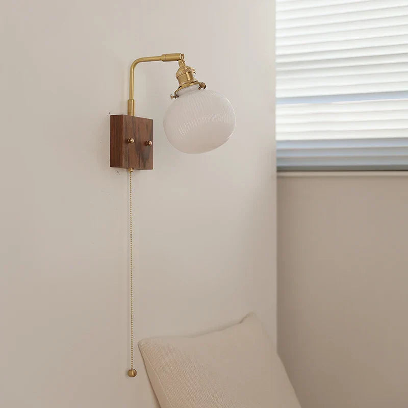 DecorBites™ Globe Ceramic LED Wall Lights Walnut Wood Sconce Rotatable Bedside Lamp