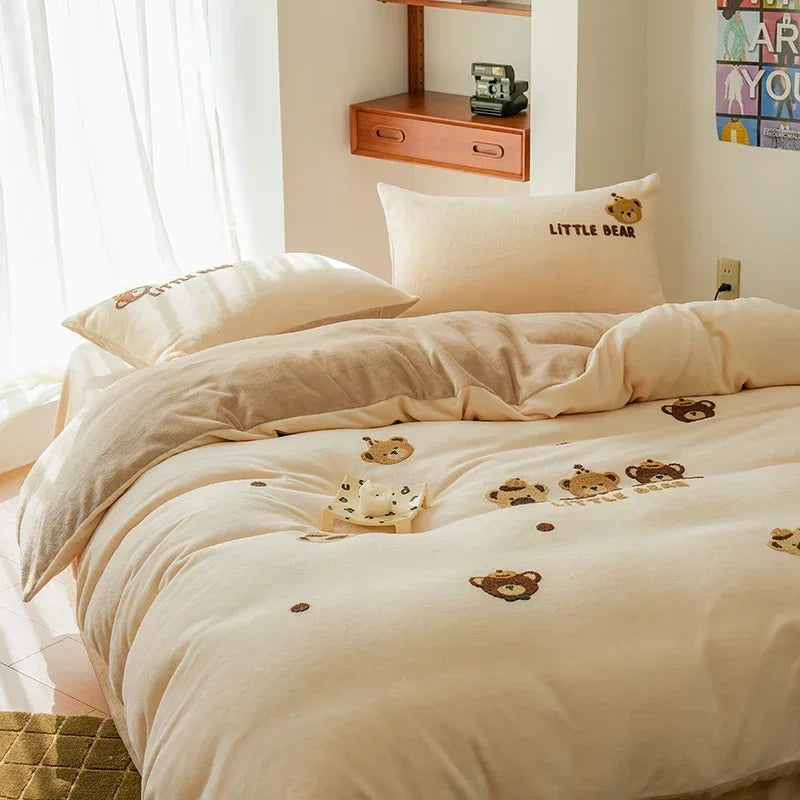 DecorBites™ Embroidered Milk Fleece Winter Bedding Set for Warmth & Cozy Comfort