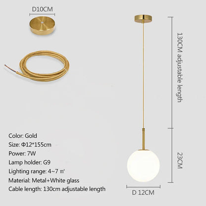 Nordic Glass Globe Pendant Light in Gold and White