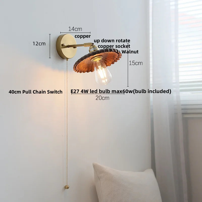 DecorBites™ LED Walnut Wood Wall Sconce Pull Chain Switch Modern Japanese Style Mirror Light