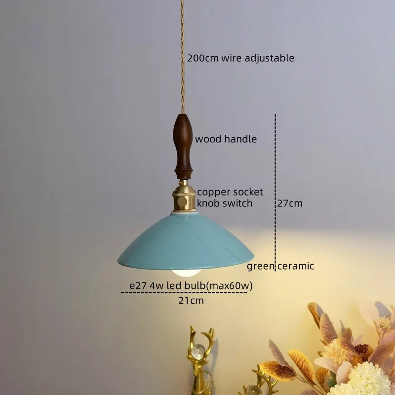 DecorBites™ Ceramic LED Pendant Lamp: Modern Wood Handle Hanging Light Fixtures