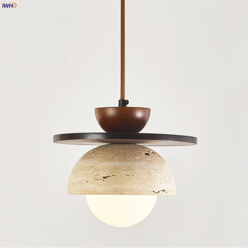 DecorBites™ Glass Ball LED Pendant Lamp for Coffee Living Dining Room with Natural Wood and Stone