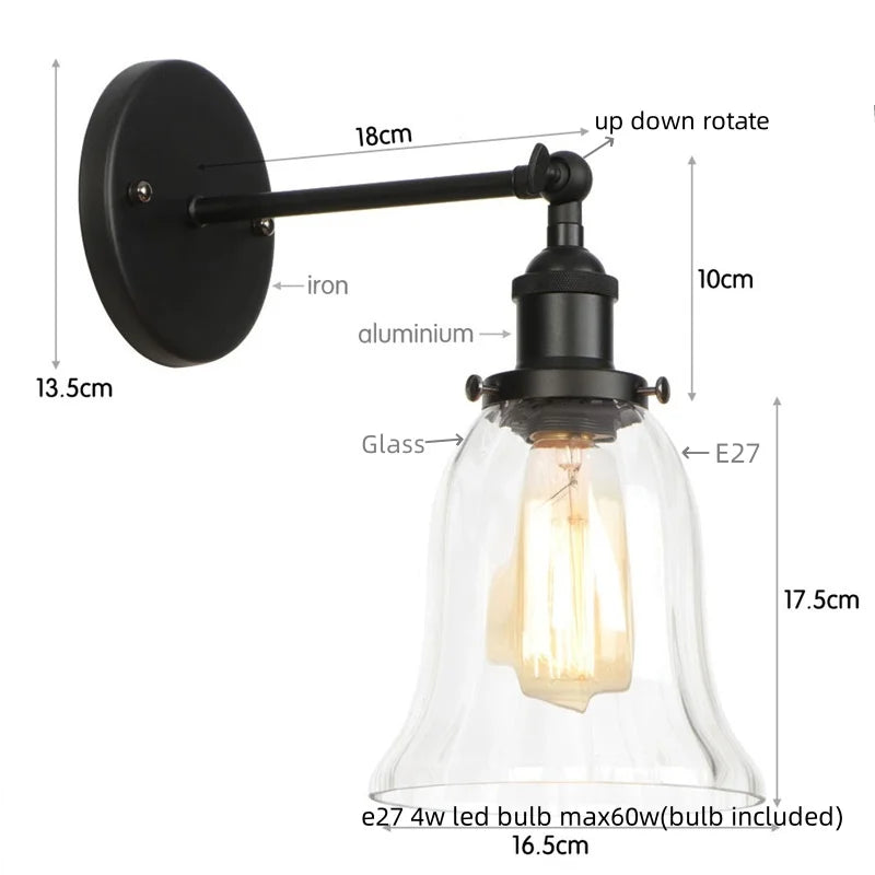 DecorBites™ Loft Clear Glass Rustic LED Wall Light - Industrial Style Iron Wall Lamp